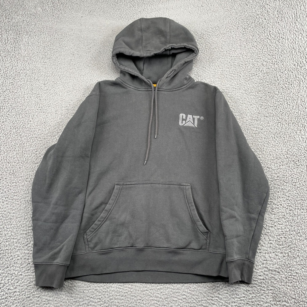 CAT Hoodie Mens L Gray Caterpillar Logo Pullover Fleece Sweatshirt Workwear